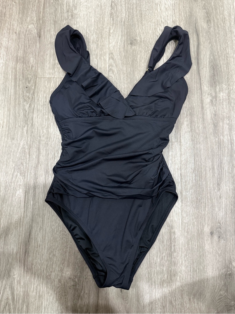 Black Ruffled V-Neck One-Piece Swimsuit